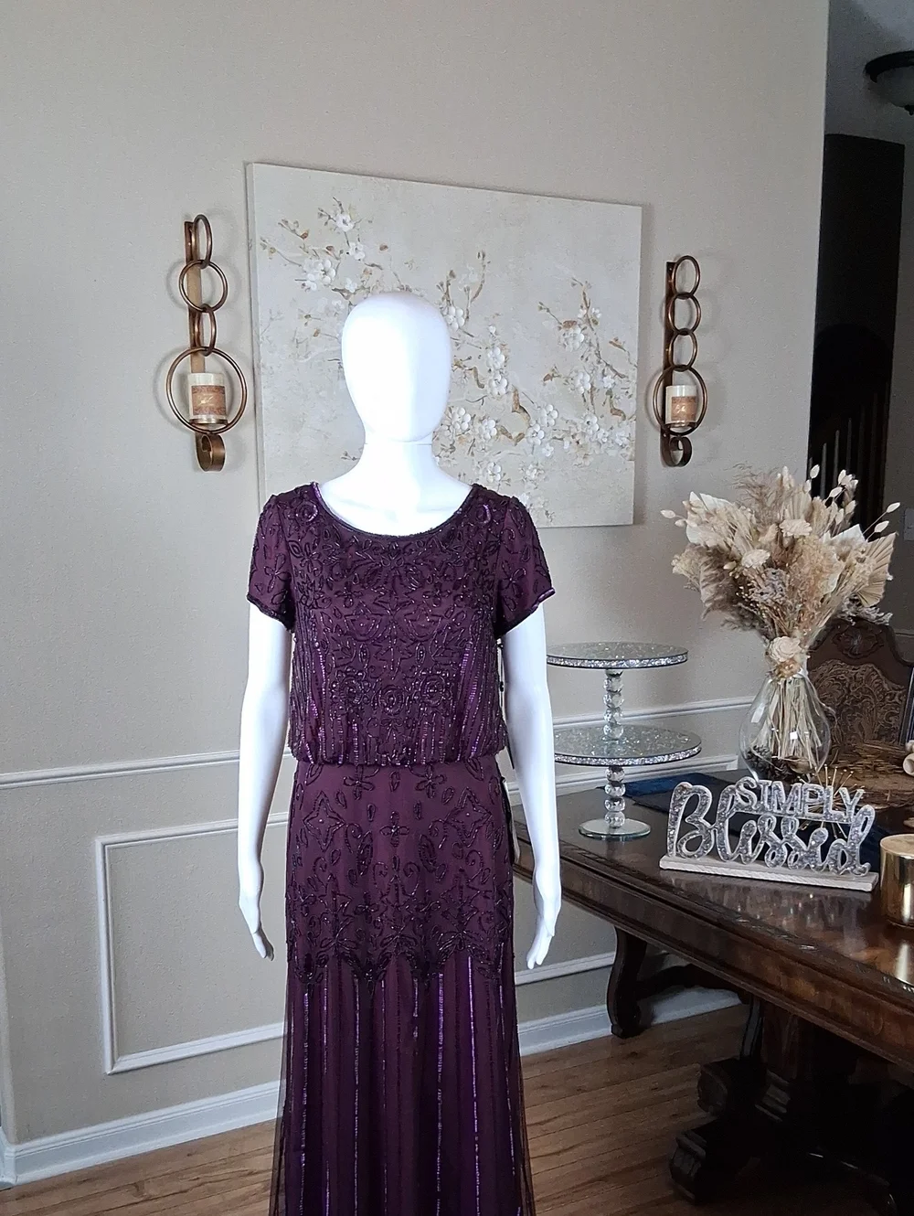 New Adrianna Papell Evening Beaded Dress Plum Floor-Length Short Sleeves Small - Picture 7 of 16